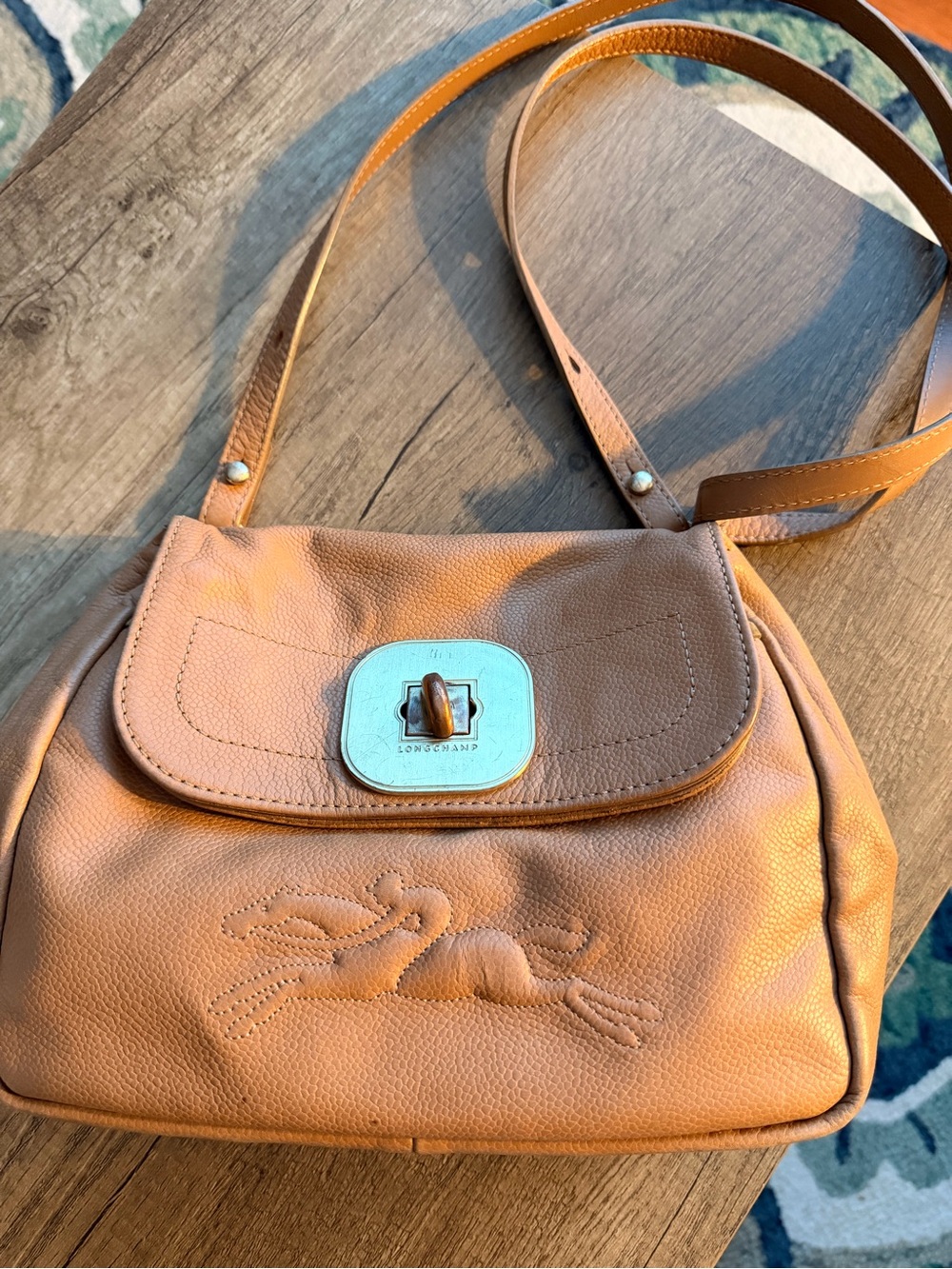 Longchamp Caramel/Tan Leather Crossbody Bag with Turn-Lock
